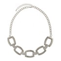 Rectangular Textured/Crystal Pave Chain Statement Necklace With Earrings- Silver