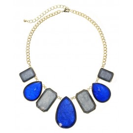 Multi Shape Stone Statement Necklace With Earrings - Gold/Saphire